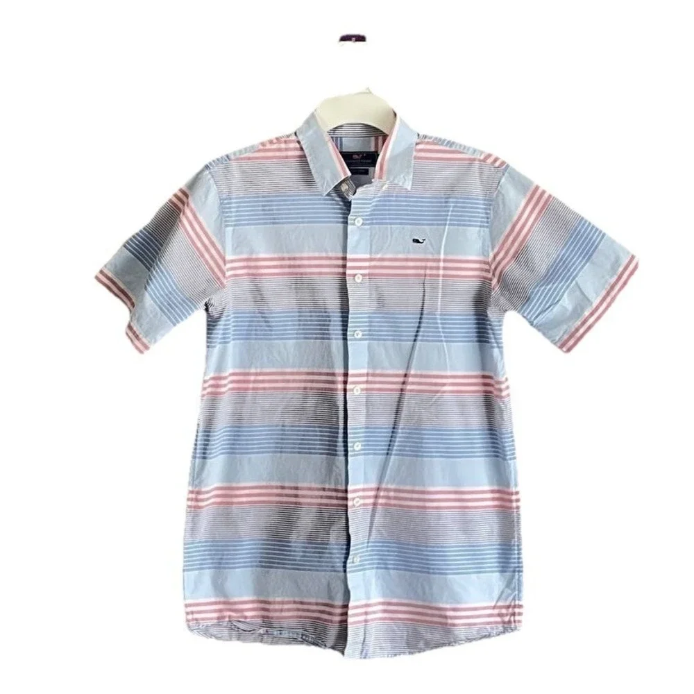 Vineyard Vines Boy's Whale Shirt Light Red Blue White Striped Short Sleeve Sz XL